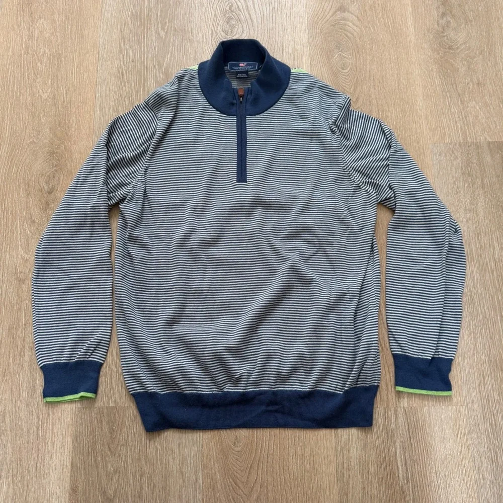 Vineyard Vines Striped Quarter Zip Pullover Mens Medium Blue Pima Cotton Sweater